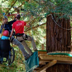 teens helping each other with a tree climbing activity 