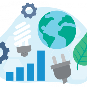 abstract icons of gears, lightbulb, graph, electrical plug, earth, and leaf