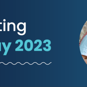 "Celebrating Earth Day 2023" on the left. Two people outside with gardening gloves on the right.