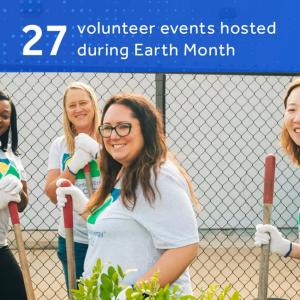 "27 volunteer events hosted during Earth Month" and four volunteers with gardening supplies.