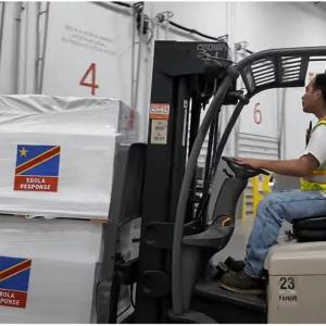 A shipment containing essential medical aid and personal protective equipment for health workers is staged at Direct Relief's headquarters before departing for the Democratic Republic of Congo to support Ebola response. (Tori Gordon/Direct Relief)