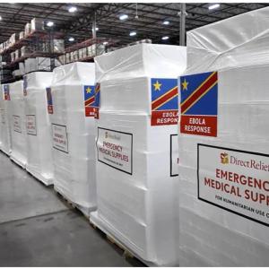 A shipment containing essential medical aid and personal protective equipment for health workers is staged at Direct Relief’s headquarters before departing for the Democratic Republic of Congo to support the Ebola response. (Tori Gordon/Direct Relief)