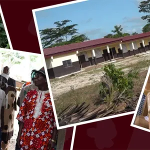 Collage of images of children in school, a school building, people looking at a building under construction.