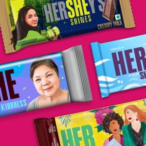 Hershey Bars with new wrappers highlighting "HER" and "SHE" 