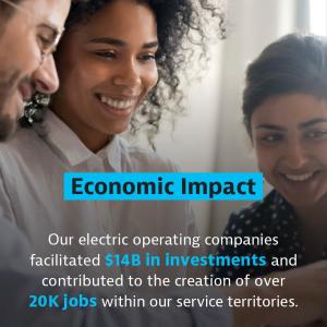 "economic impact" with people smiling in the background