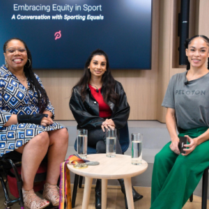 Three women in front of screen that reads "Embracing Equity in Sport" A conversation with Sporting Equals