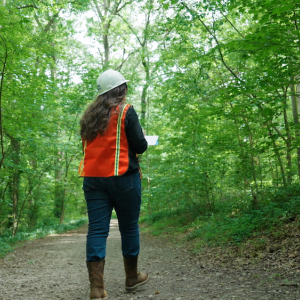person walking through a forest