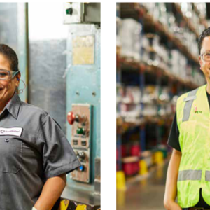 Two pictures. Left: A person in safety glasses and maintenance uniform. Right: a person in a reflective vest and safety glasses in a warehouse.