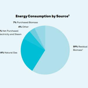 Info graphic "Energy Consumption by source" Pie chart showing 59% Residual Biomass, 24% Natural Gas, 6% Net Purchased Electricity and Steam, 7% Purchased Biomass, 4% other