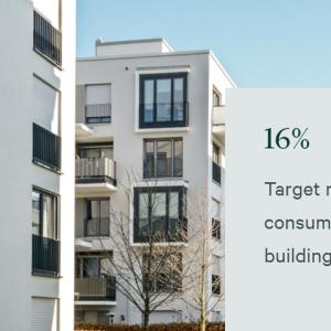 Exterior of residential buildings. "16% Target reduction in energy consumption..."