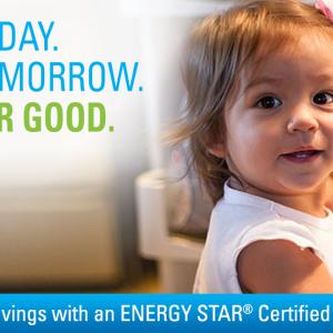 a small child standing in an open refrigerator. "Save today. Save tomorrow. Save for good." Energy star logo on the left.