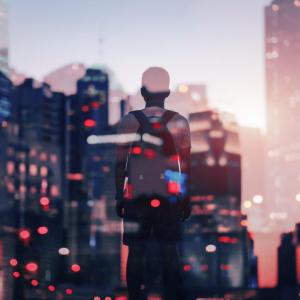 composite image of a child and several city skylines