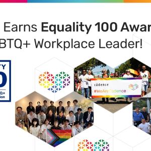 "Cadence Earns Equality 100 Award as an LGBTQ+ Workplace Leader!" a collage of groups with a rainbow flag and banner.