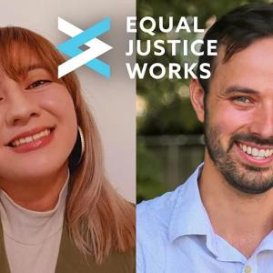 Two peoples' profiles next to each other. "Equal Justice Works" logo between them.