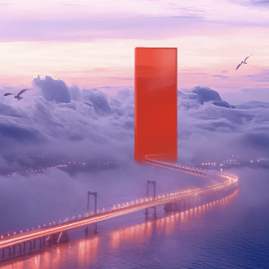 abstract image of bridge over water lined with lights