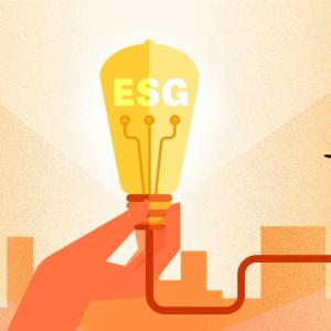 Abstract hand holding a lightbulb with ESG in it. A cord going from it to another plug.