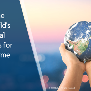 Two hands holding a small globe on the right. "Named one of the world's most ethical companies for the 12th time" and Eaton logo on the left.