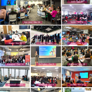 Collage of groups of gathered people in different cities.