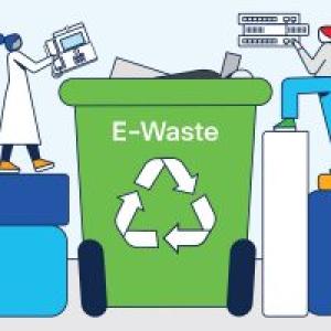 Basic sketch of people climbing boxes and putting items in an E-Waste recycling bin.