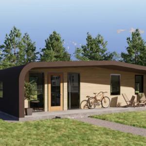 3D rendering of the exterior of the 3D printed house on a plot of land, trees in the background. A bicycle on the porch.