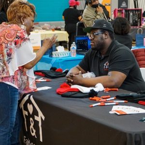 Person talking to someone at the fair