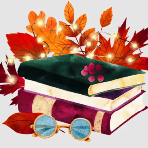 Illustration of books stacked on top of each other surrounded by fall leaves