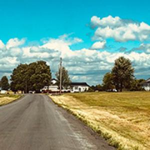 A long road leading to a farm with many buildings.