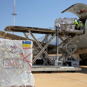 Direct Relief has surpassed $2 billion in medical aid provided to Ukraine since 2022. Here, 52 tons of medical aid arrives in Warsaw, Poland, on June 26, 2022, for last-mile distribution to health facilities in Ukraine. FedEx donated the charter transportation, free of charge. (FedEx photo)