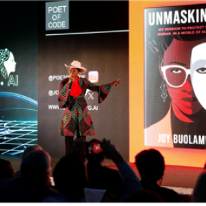 Collage of three images of different speakers and panels at the conference