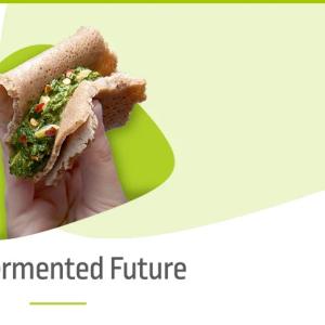 "The Fermented Future" and a hand holding a sandwich.