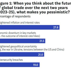 Info graphic bar charts "Figure 1: When you think about the future of global trade over the next two years (2023-25), what makes you pessimistic?"