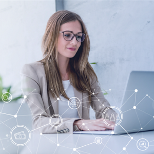 A person using a laptop computer. A digital web super imposed.