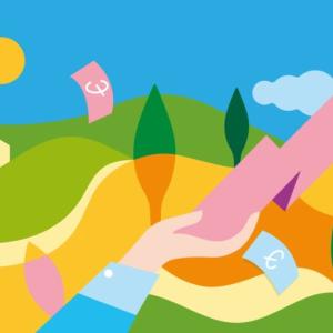 Abstract image of a hand holding an arrow showing growth over a hilly landscape