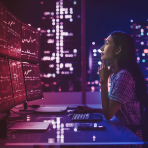 Person looking up at several monitors