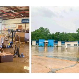Collage of flood damaged building and supplies.
