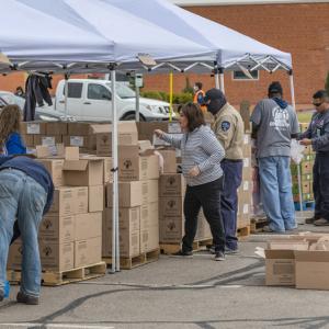 Food distribution event with boxes under tents set up outside
