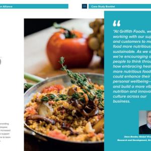 plate of food, a tomato and other foods in the background. Griffith Foods case study and logo on the right. The quote, and picture of, Dave Bender on the right