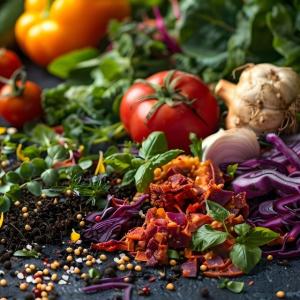 On a dark surface, many different vegetables, some chopped up finely.