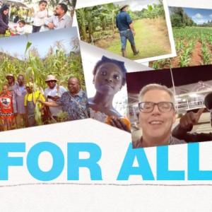 collage of photos of different groups of people, some in agriculture, some in families. "For All" at the bottom
