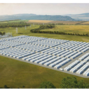 Aerial view of a grid of storage units in an open area.