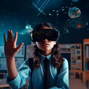 A child wearing a vr headset with a hand up in a dark classroom setting. Virtual shapes appearing.