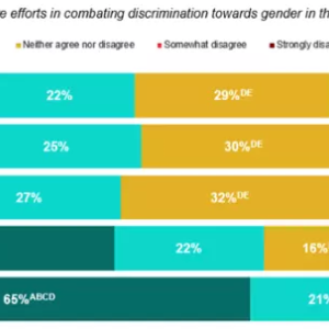 "my company is making more efforts in combating discrimination towards gender in the workplace than in the past" with chart of those who agree and disagree with that statement