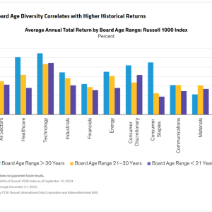 Info graphic bar chart "Greater Board Age Diversity Correlates with Higher Historical Returns" with data from 11 categories.