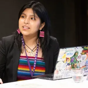 A person sat at a desk with a laptop