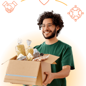 A person holding a box full of clear packaged food items. Icons of holding hands, a heart, and people in a circle above their head.