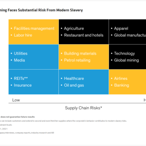 Info graphic chart: Global Mining Faces Substantial Risk From Modern Slavery, measuring Supply chain risks from low to hig and risks in own operations. 9 categories with two bullet points each describing different types of businesses.