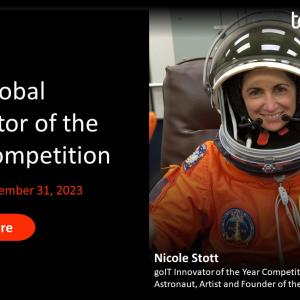 Nicole Stott, golT Innovator of the Year Competition Ambassador Astronaut, Artist and Founder of the Space for Art Foundation next to the words,"golT Global Innovator of the Year Competition Deadline: December 31, 2023." 