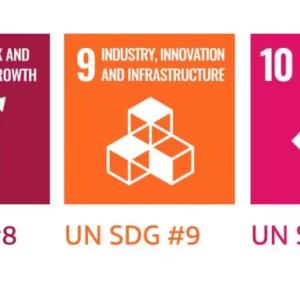 5 SDG's , #3, 8, 9, 10, 12 as icons with corresponding symbols outlined in the article.