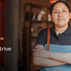 A person in an apron with crossed arms. "Gold sponsor" and mastercard logo on the left