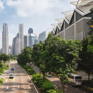 City streets lined with trees and tall buildings. Cars on each side of the multi-lane roads and skyscrapers in the distance.